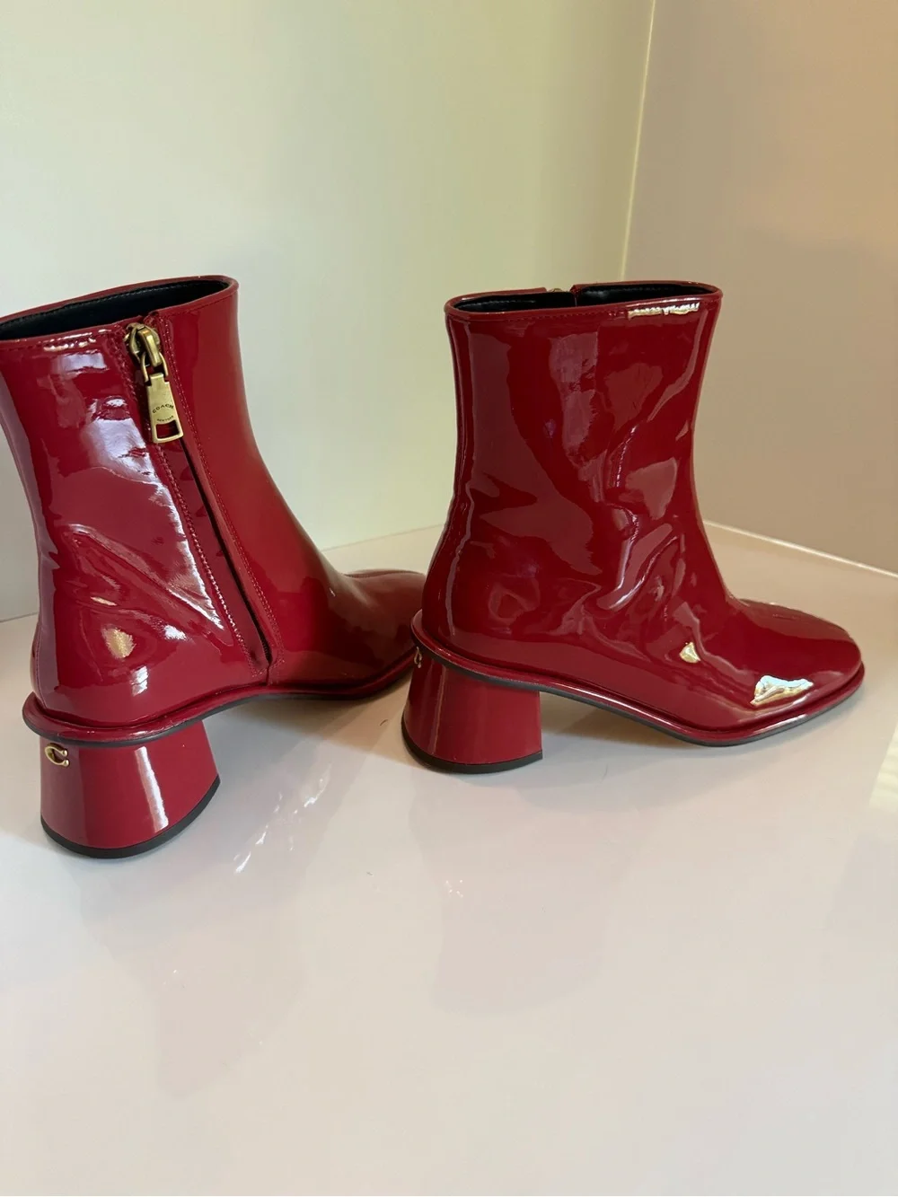 Coach Red Patent Leather Block Heel Boots